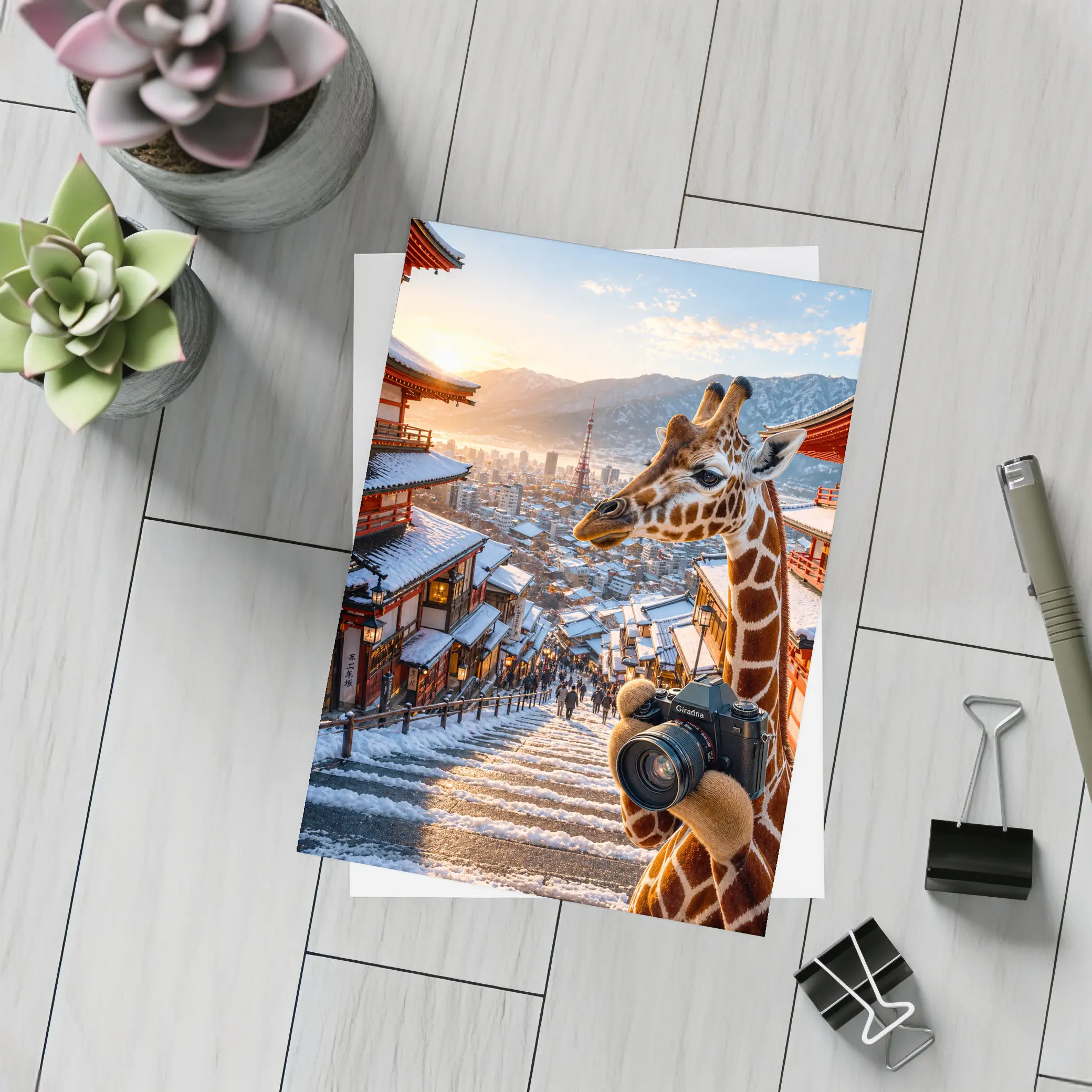 Giraffe Photographer Exploring Snowy Japan City – Postcards