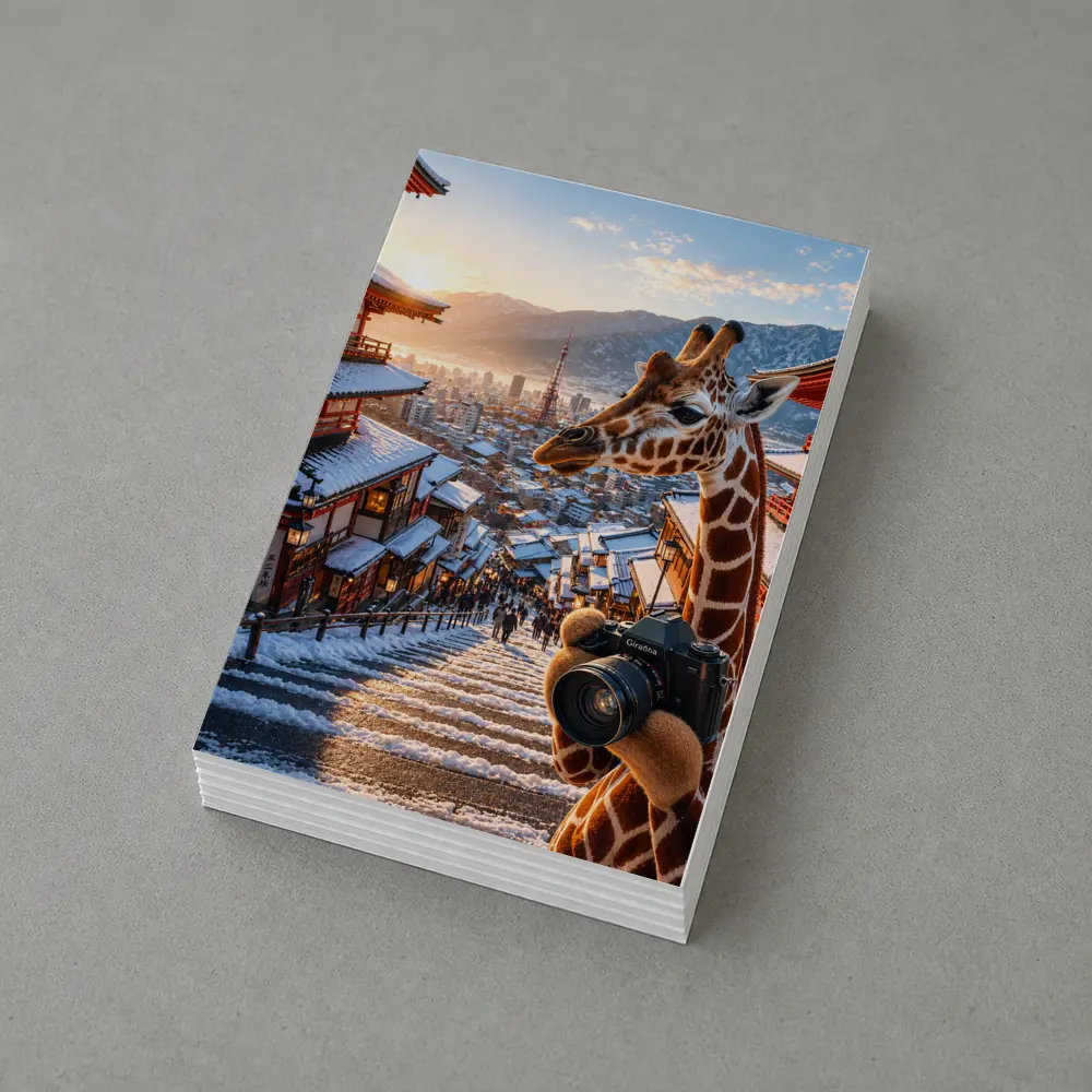 Giraffe Photographer Exploring Snowy Japan City – Postcards