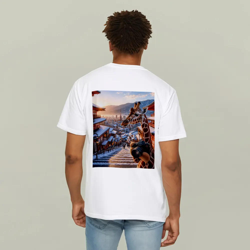 Giraffe Photographer Exploring Snowy Japan City – T-Shirts