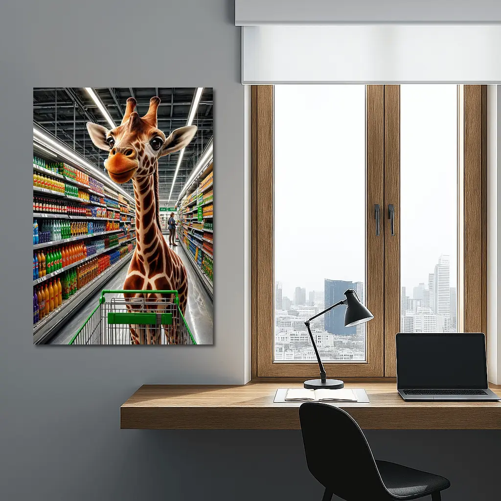 Giraffe Shopping Cart Supermarket Aisle Scene – Wall Art