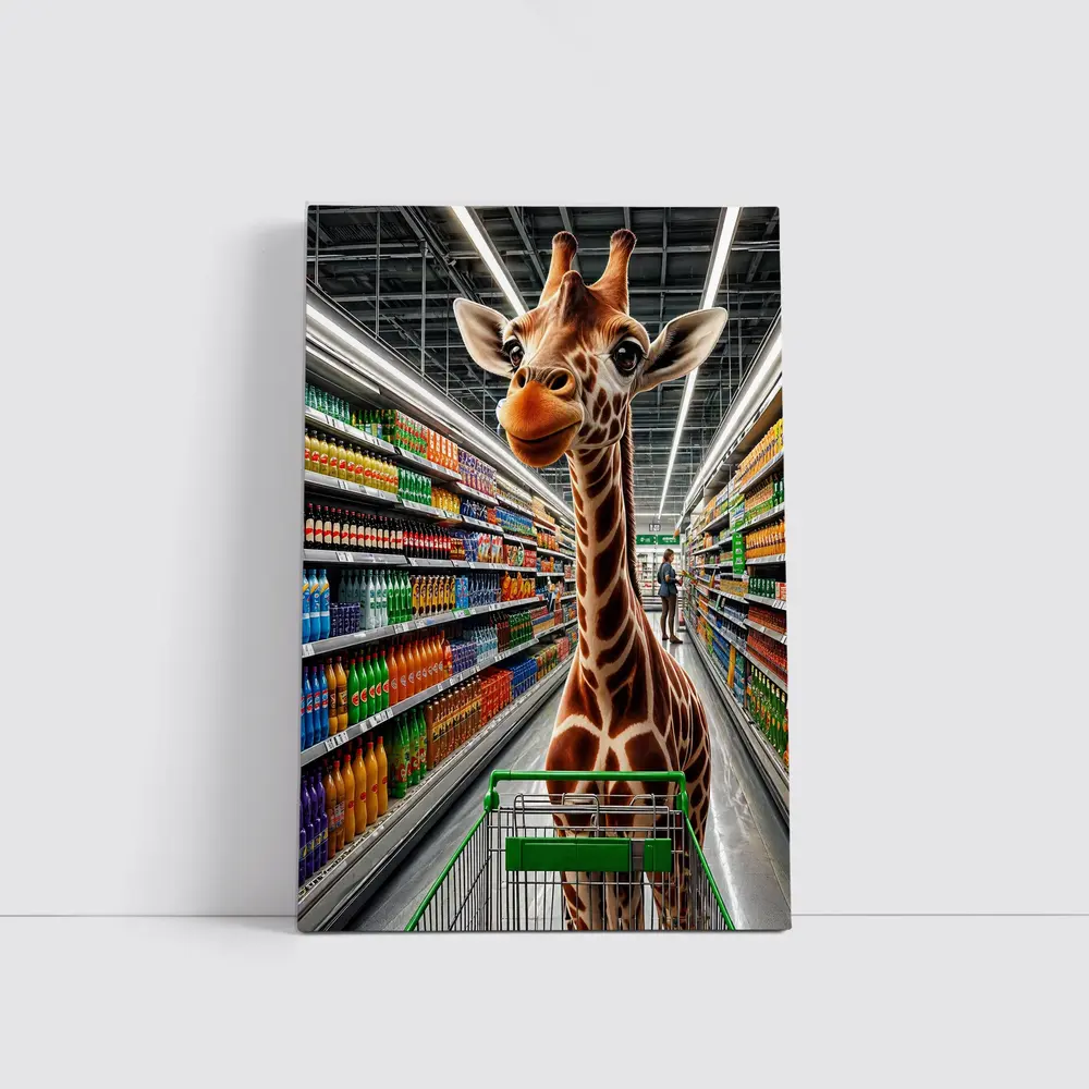 Giraffe Shopping Cart Supermarket Aisle Scene – Wall Art