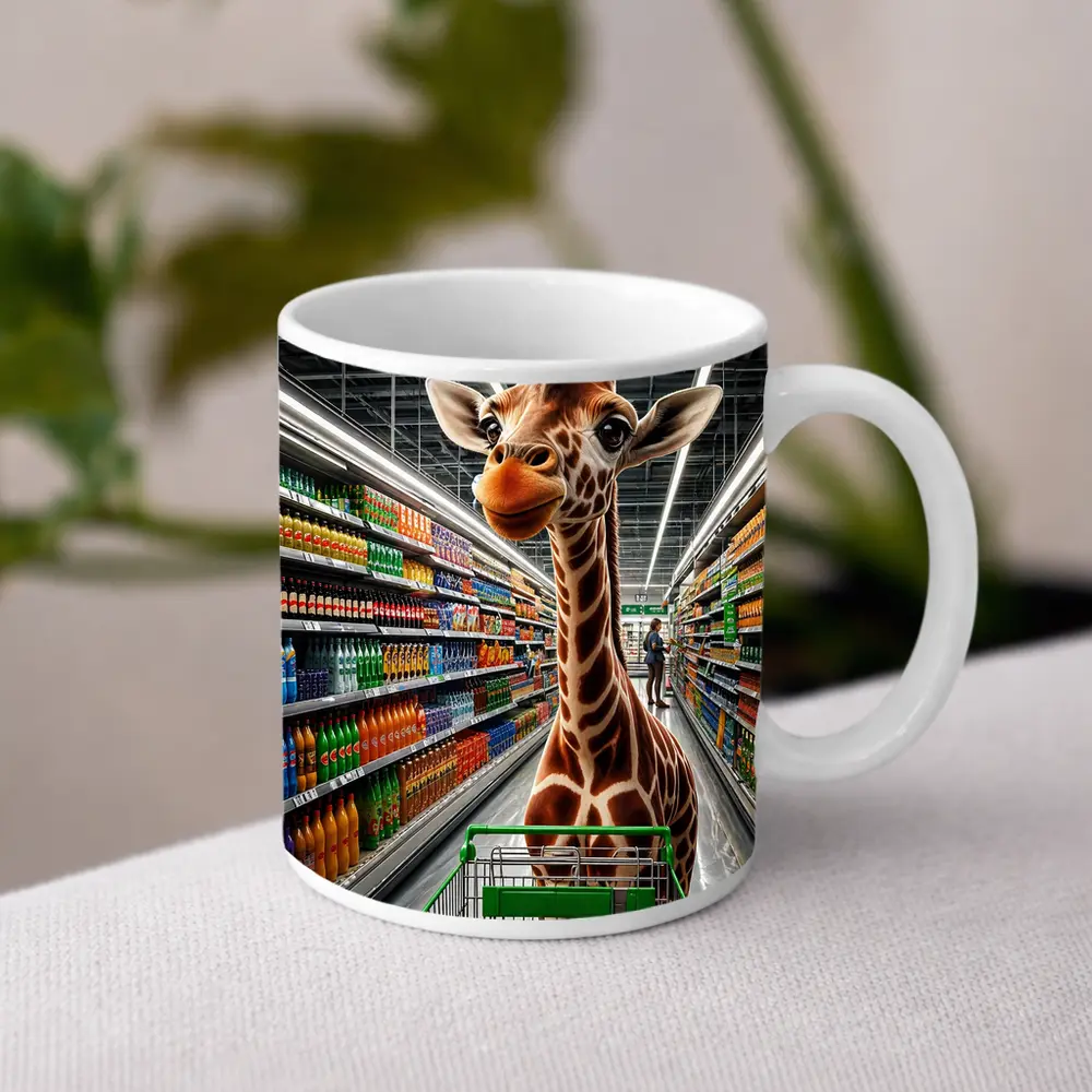 Giraffe Shopping Cart Supermarket Aisle Scene – Mugs