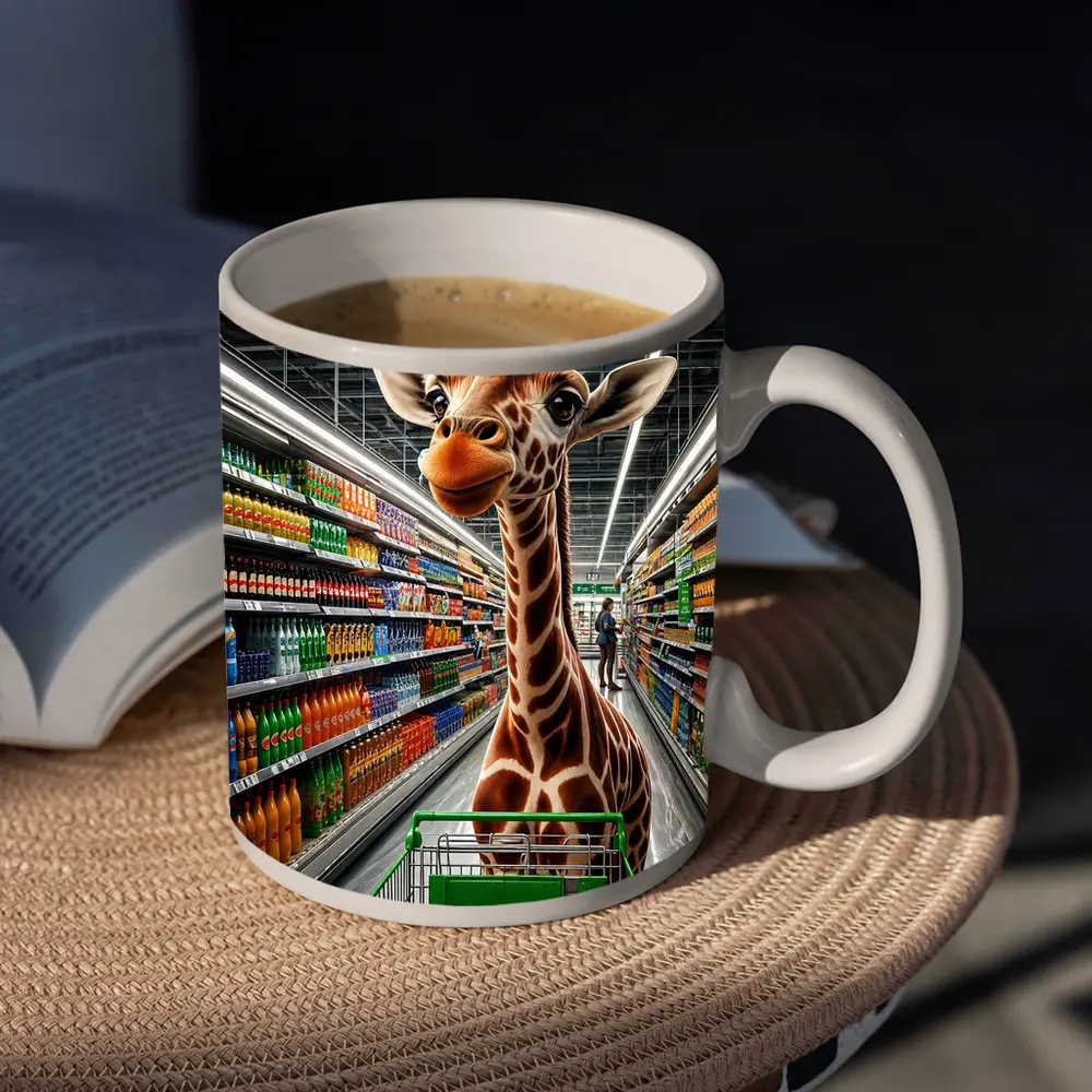 Giraffe Shopping Cart Supermarket Aisle Scene – Mugs