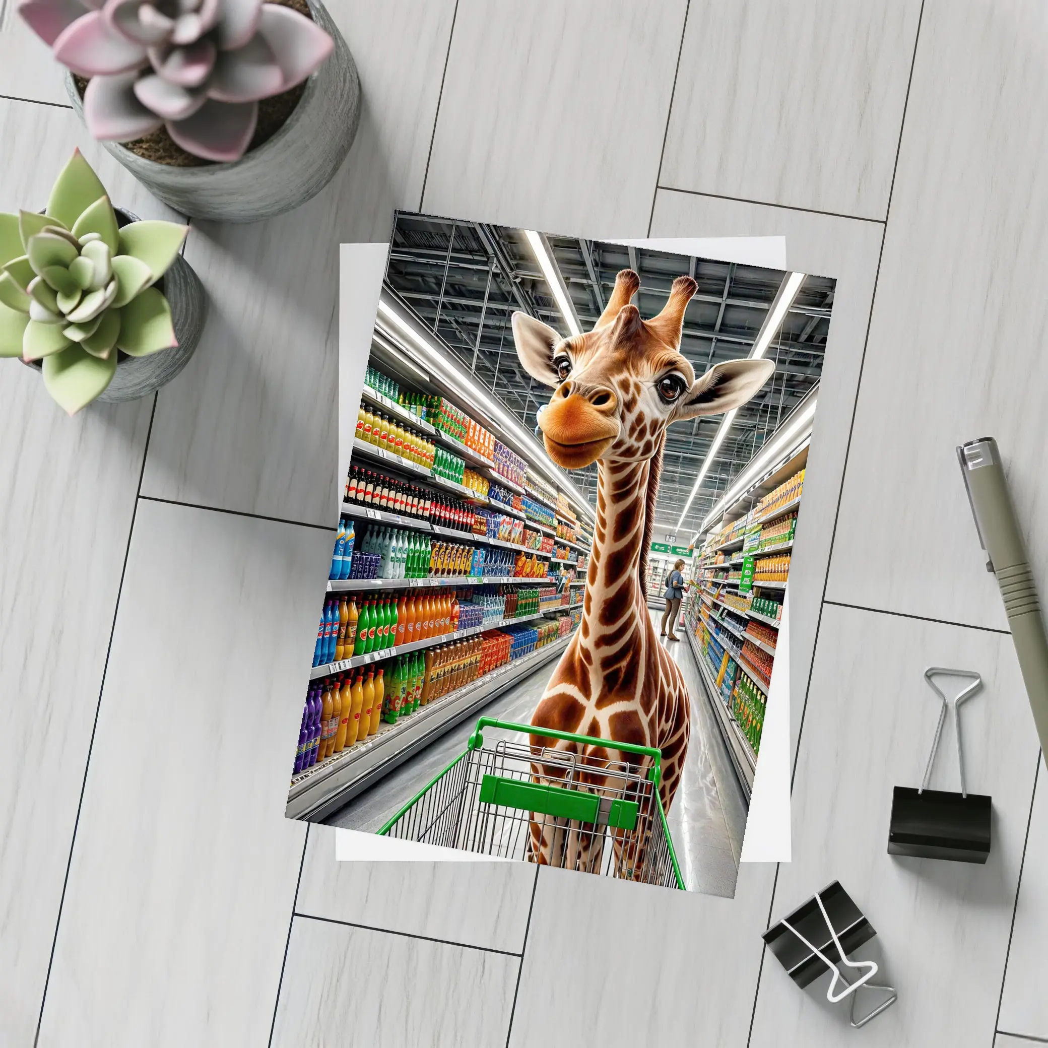 Giraffe Shopping Cart Supermarket Aisle Scene – Postcards