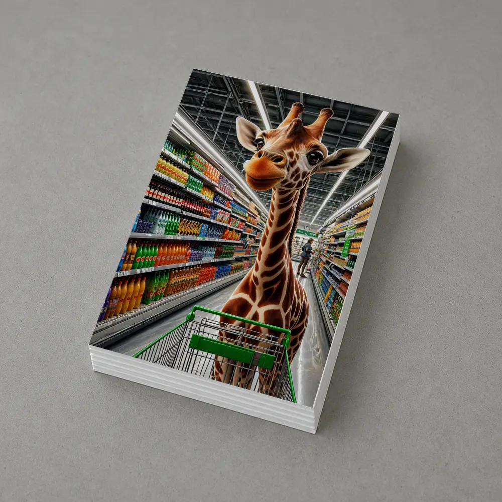 Giraffe Shopping Cart Supermarket Aisle Scene – Postcards