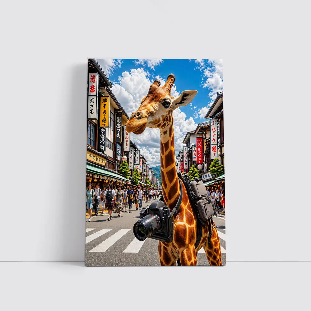 Giraffe Tourist With Camera in Japan – Wall Art
