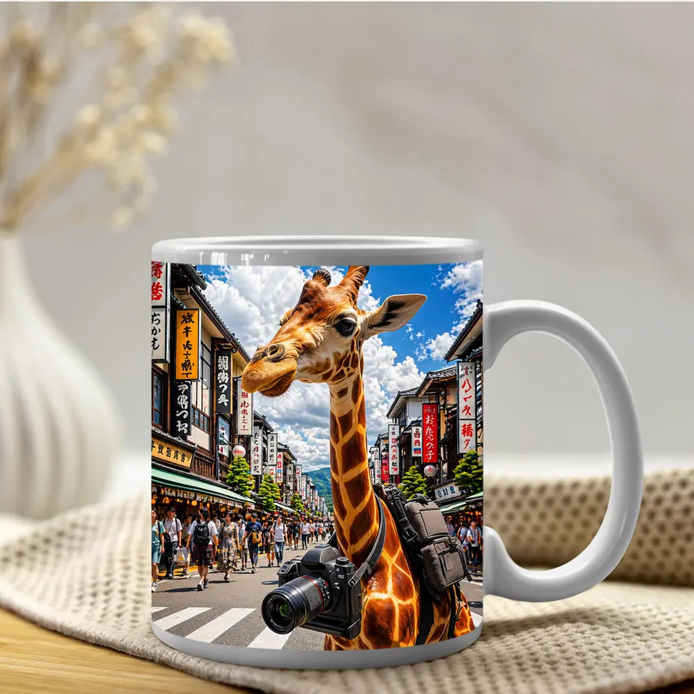 Giraffe Tourist With Camera in Japan – Mugs