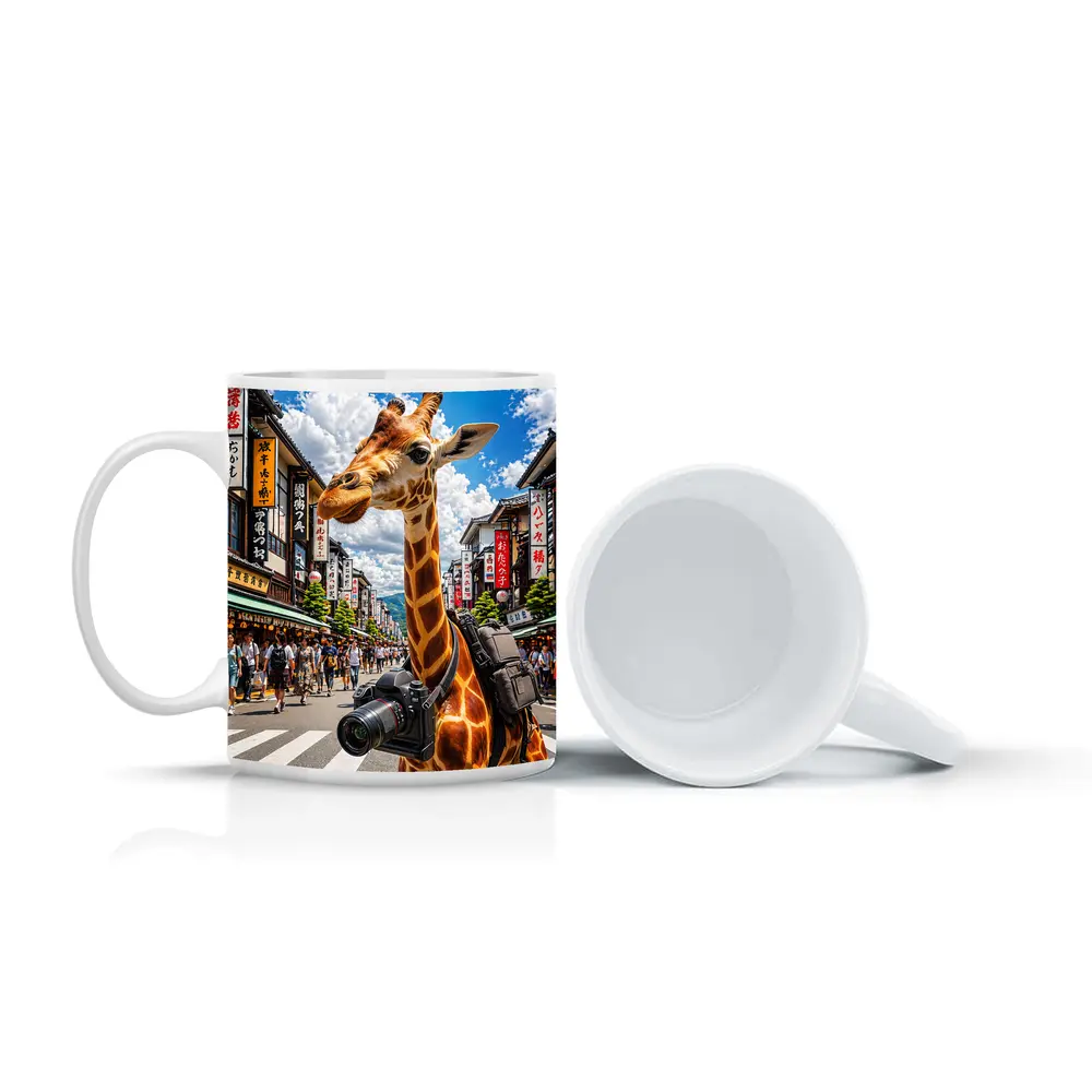 Giraffe Tourist With Camera in Japan – Mugs
