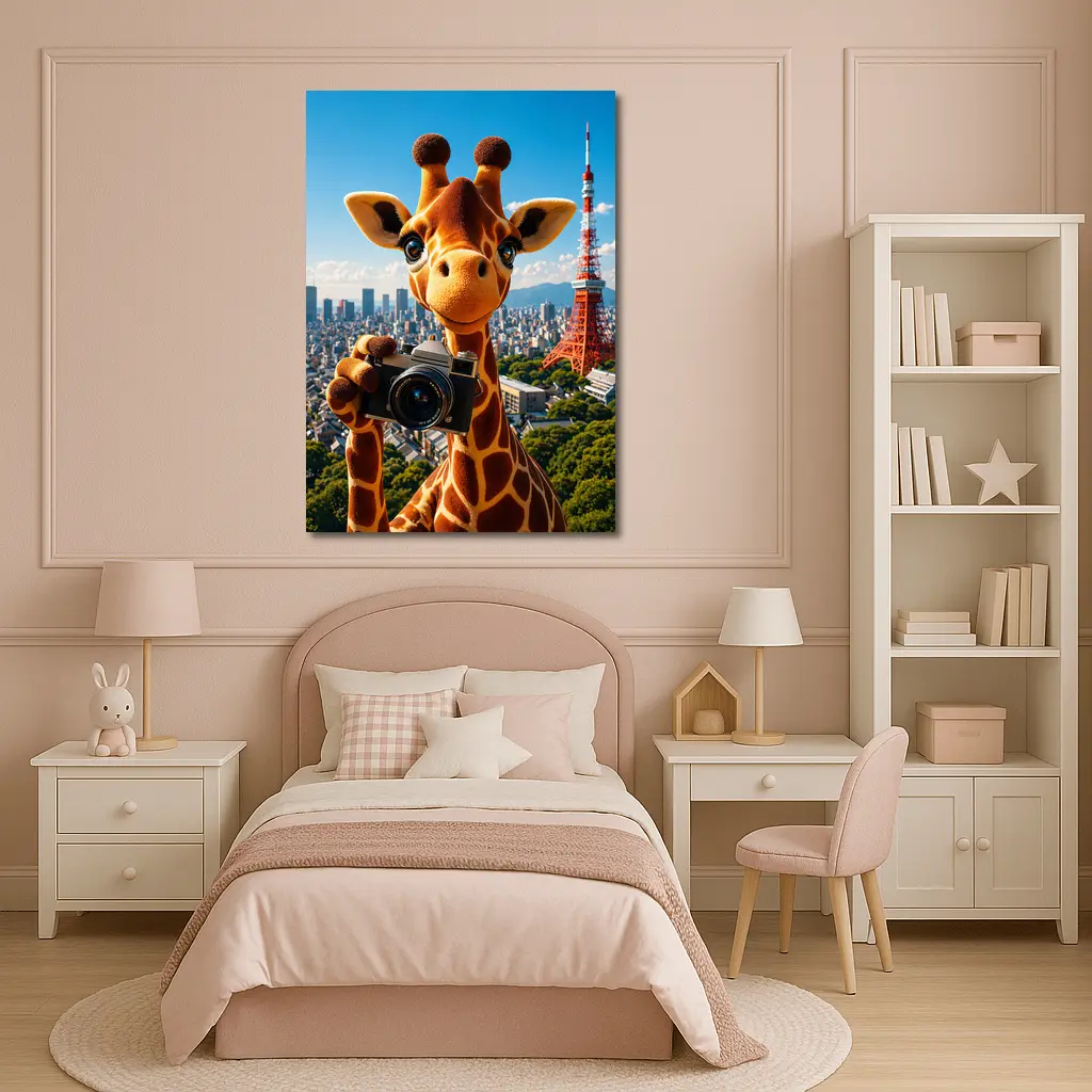 Giraffe Tourist With Camera Tokyo Tower – Wall Art
