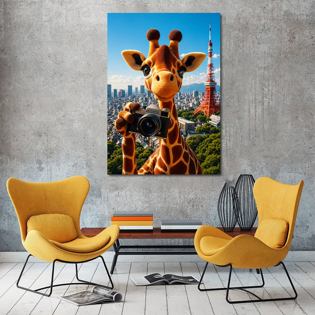 Giraffe Tourist With Camera Tokyo Tower – Wall Art