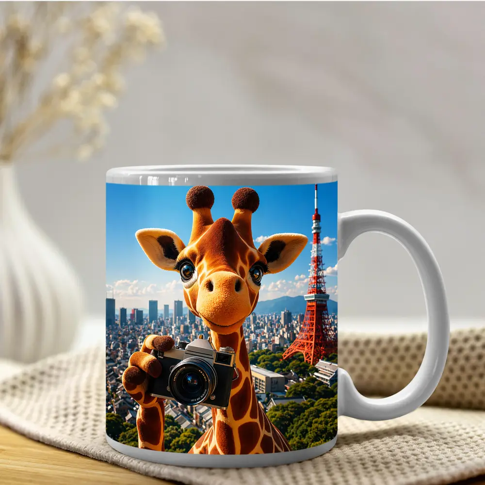 Giraffe Tourist With Camera Tokyo Tower – Mugs