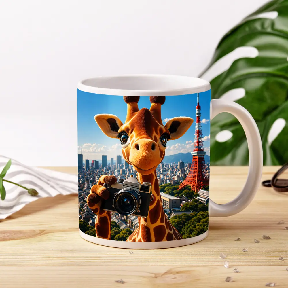 Giraffe Tourist With Camera Tokyo Tower – Mugs
