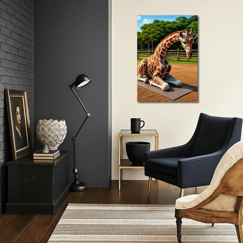 Giraffe Doing Yoga on Mat Outdoors – Wall Art