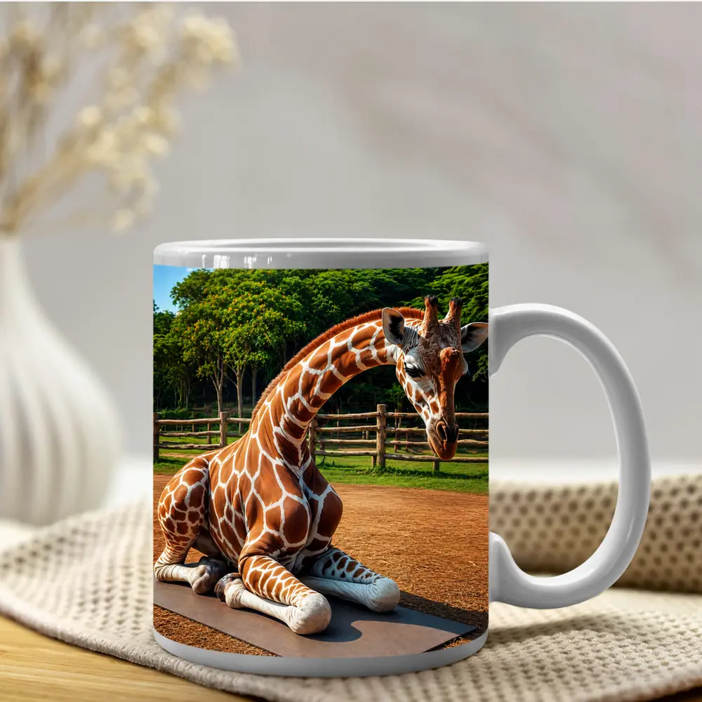 Giraffe Doing Yoga on Mat Outdoors – Mugs