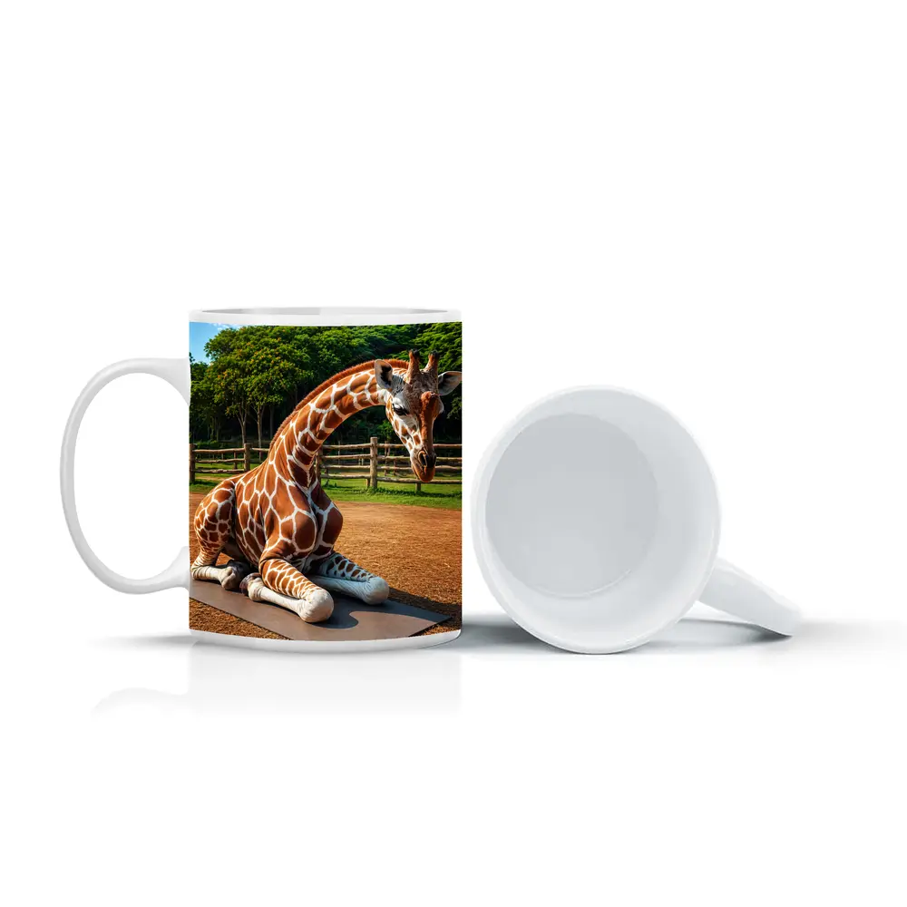 Giraffe Doing Yoga on Mat Outdoors – Mugs