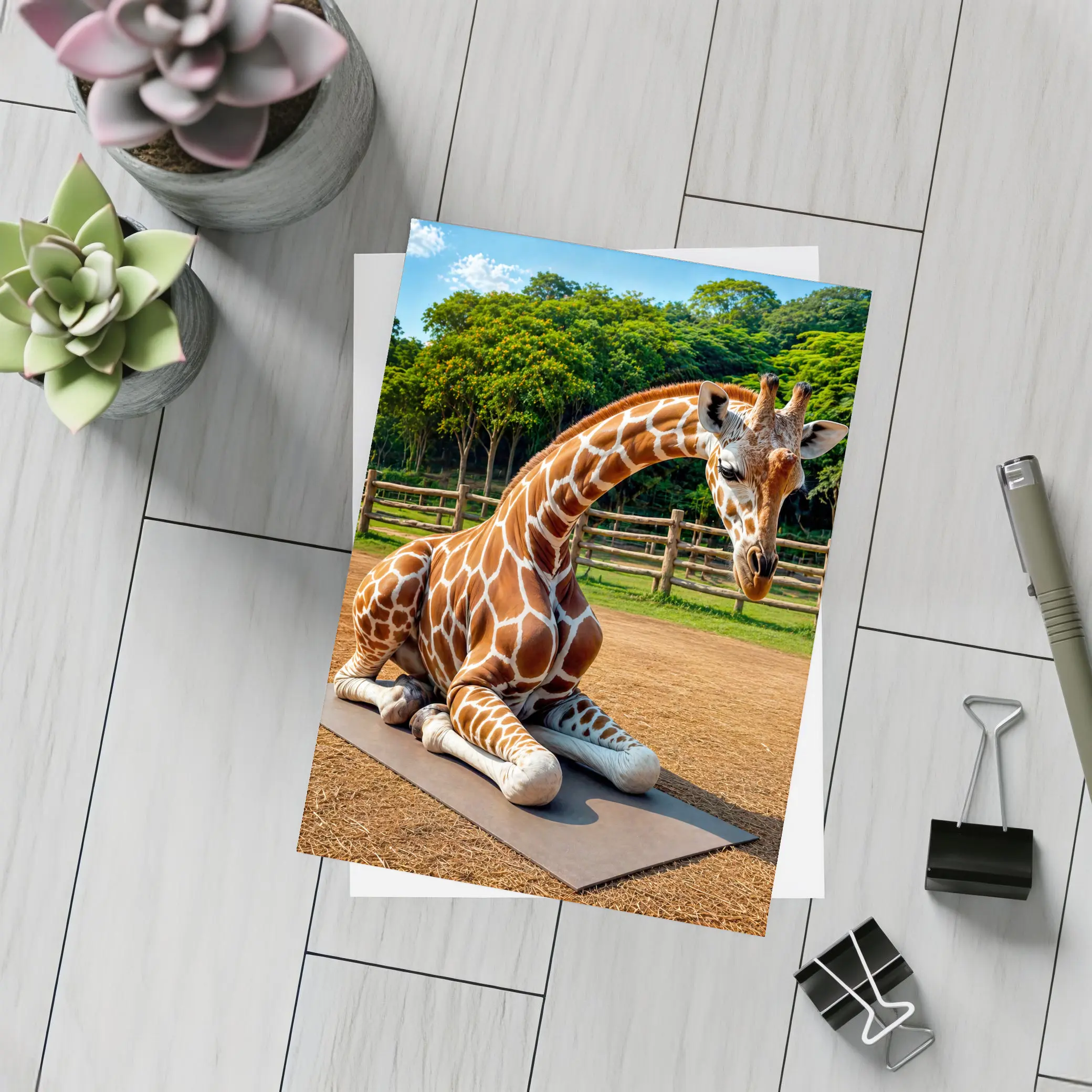 Giraffe Doing Yoga on Mat Outdoors – Postcards