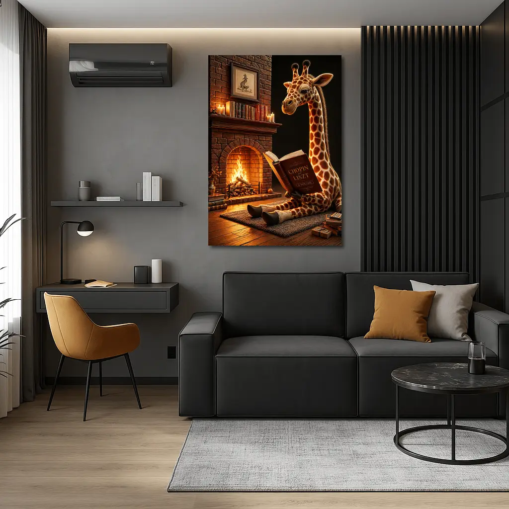 Giraffe Reading Book by Cozy Fireplace – Wall Art