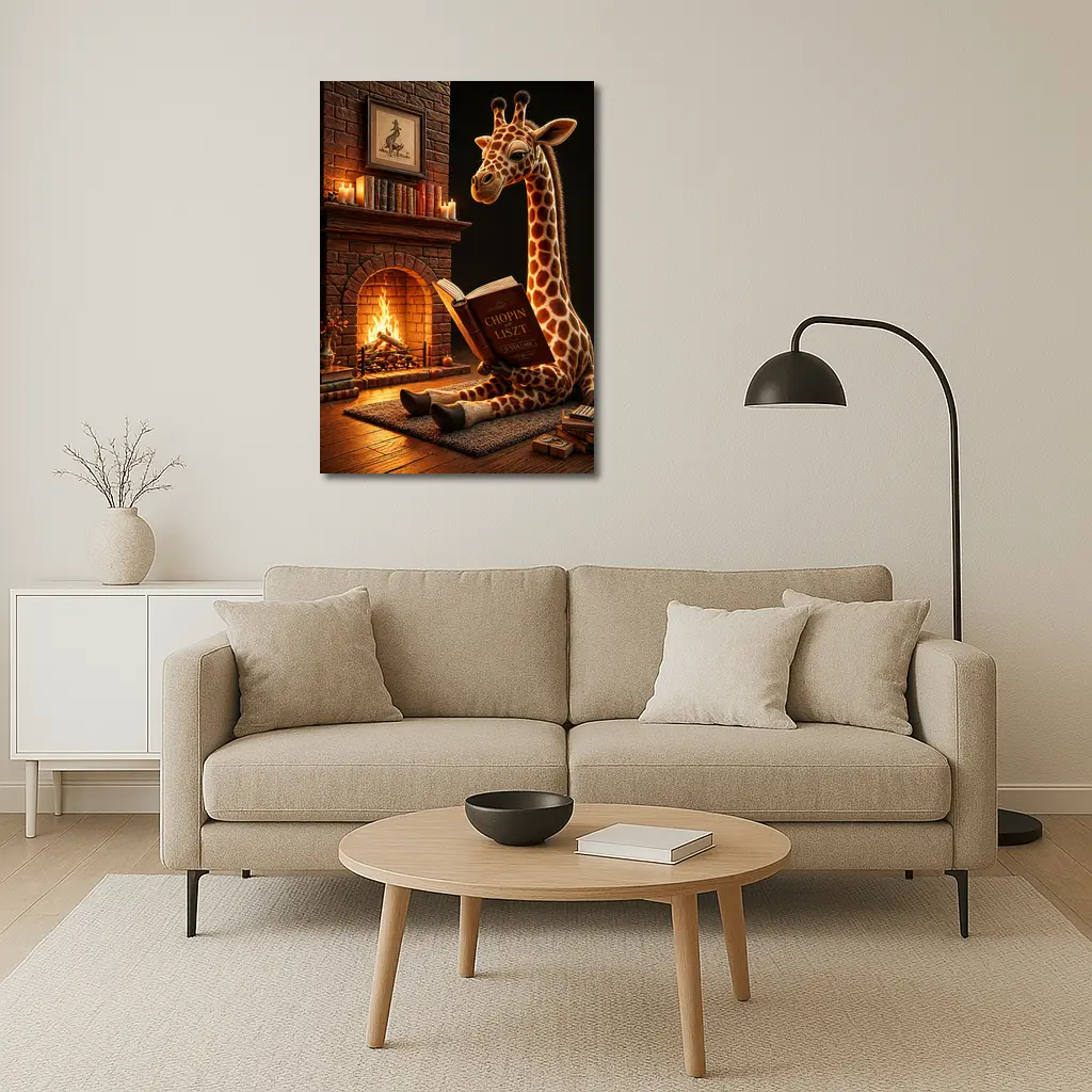 Giraffe Reading Book by Cozy Fireplace – Wall Art