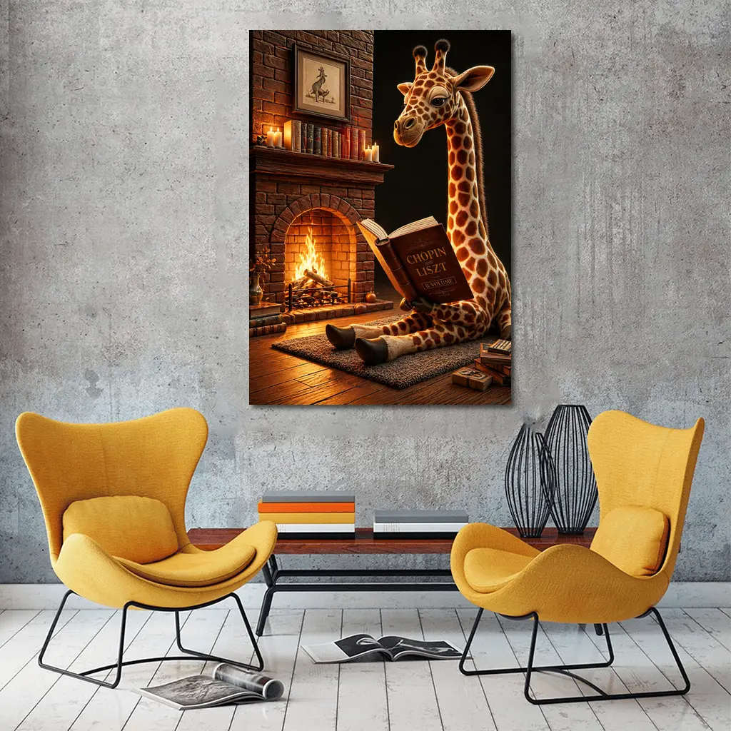 Giraffe Reading Book by Cozy Fireplace – Wall Art