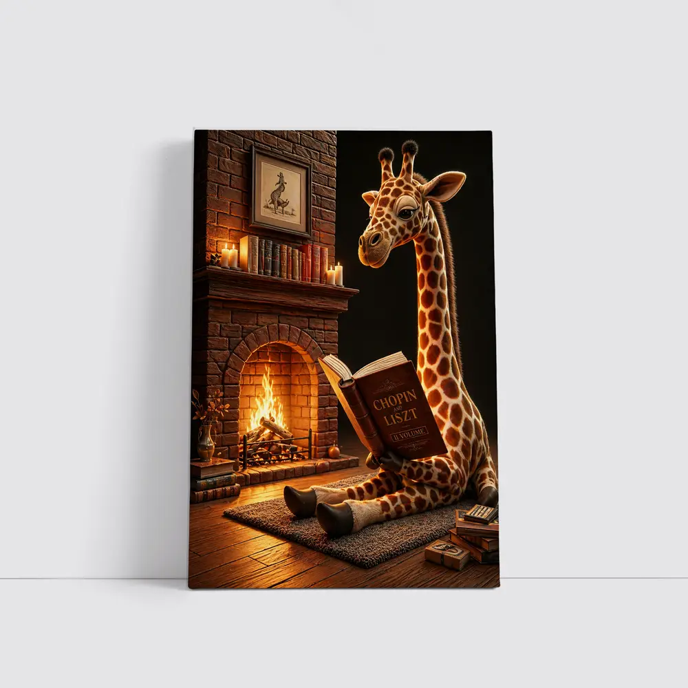 Giraffe Reading Book by Cozy Fireplace – Wall Art