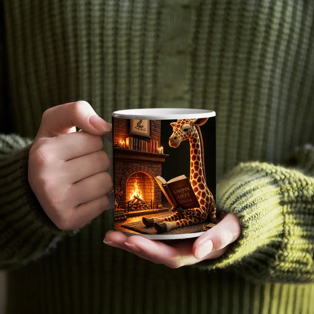 Giraffe Reading Book by Cozy Fireplace – Mugs