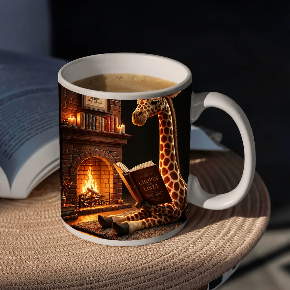 Giraffe Reading Book by Cozy Fireplace – Mugs