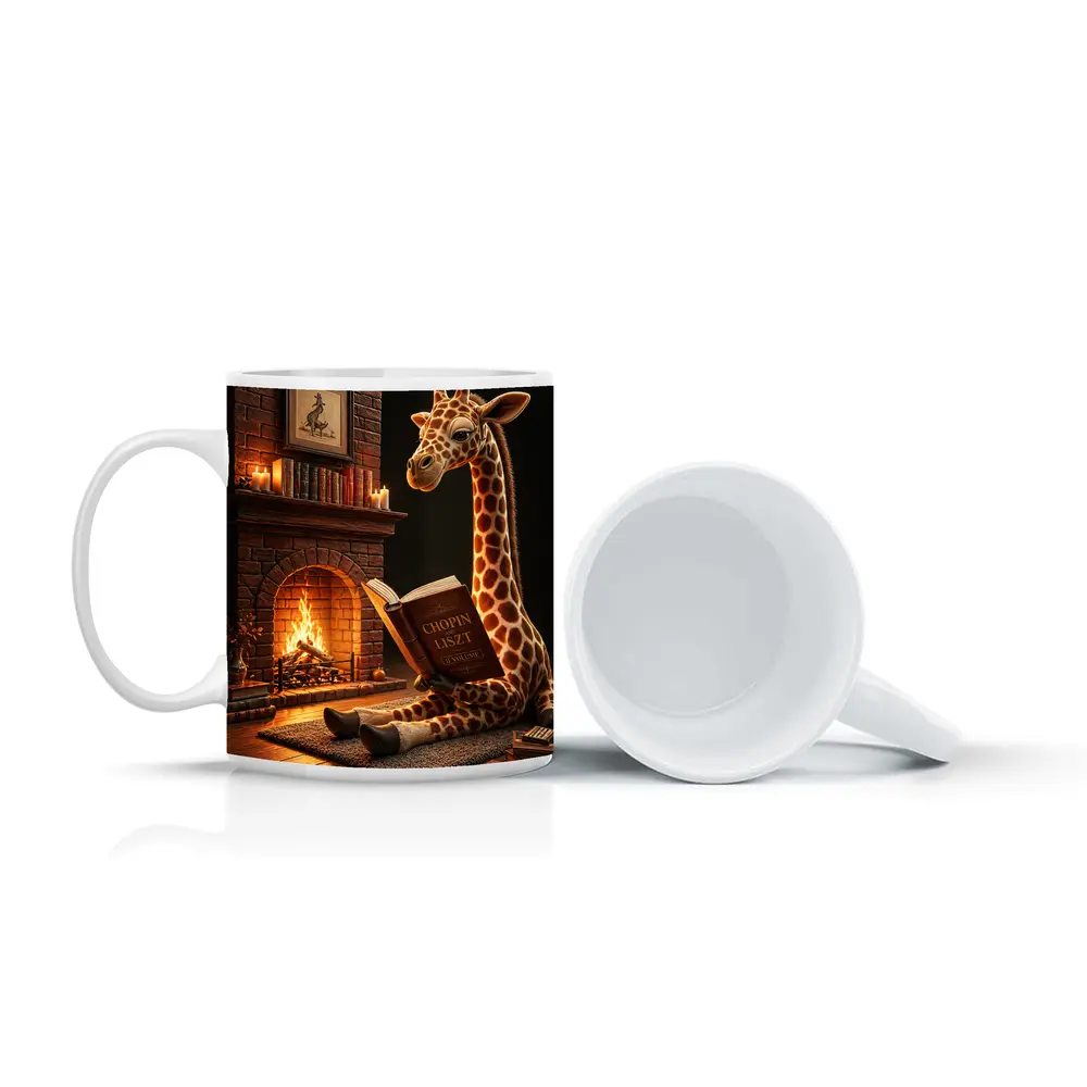 Giraffe Reading Book by Cozy Fireplace – Mugs