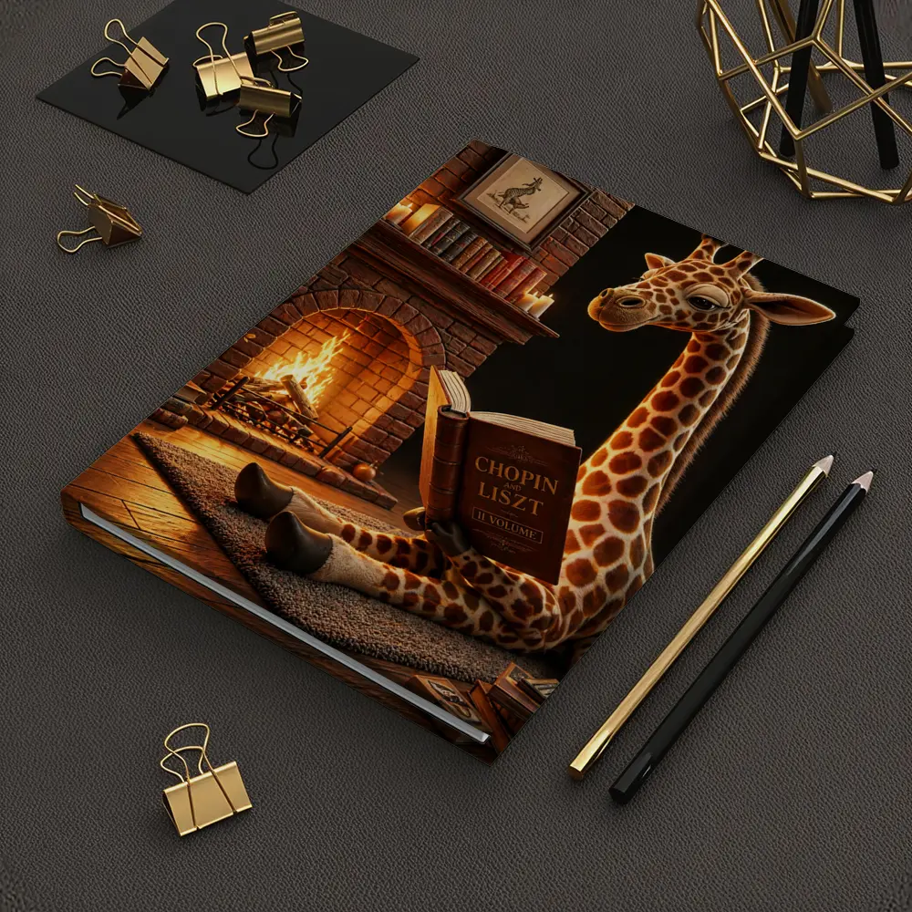 Giraffe Reading Book by Cozy Fireplace – Notebooks