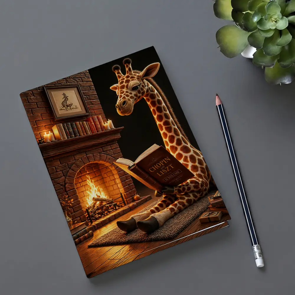 Giraffe Reading Book by Cozy Fireplace – Notebooks