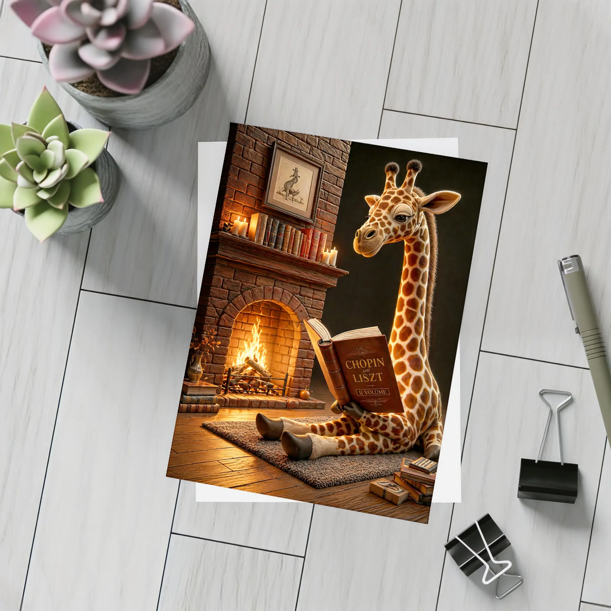 Giraffe Reading Book by Cozy Fireplace – Postcards