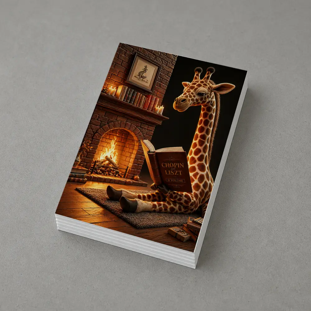 Giraffe Reading Book by Cozy Fireplace – Postcards
