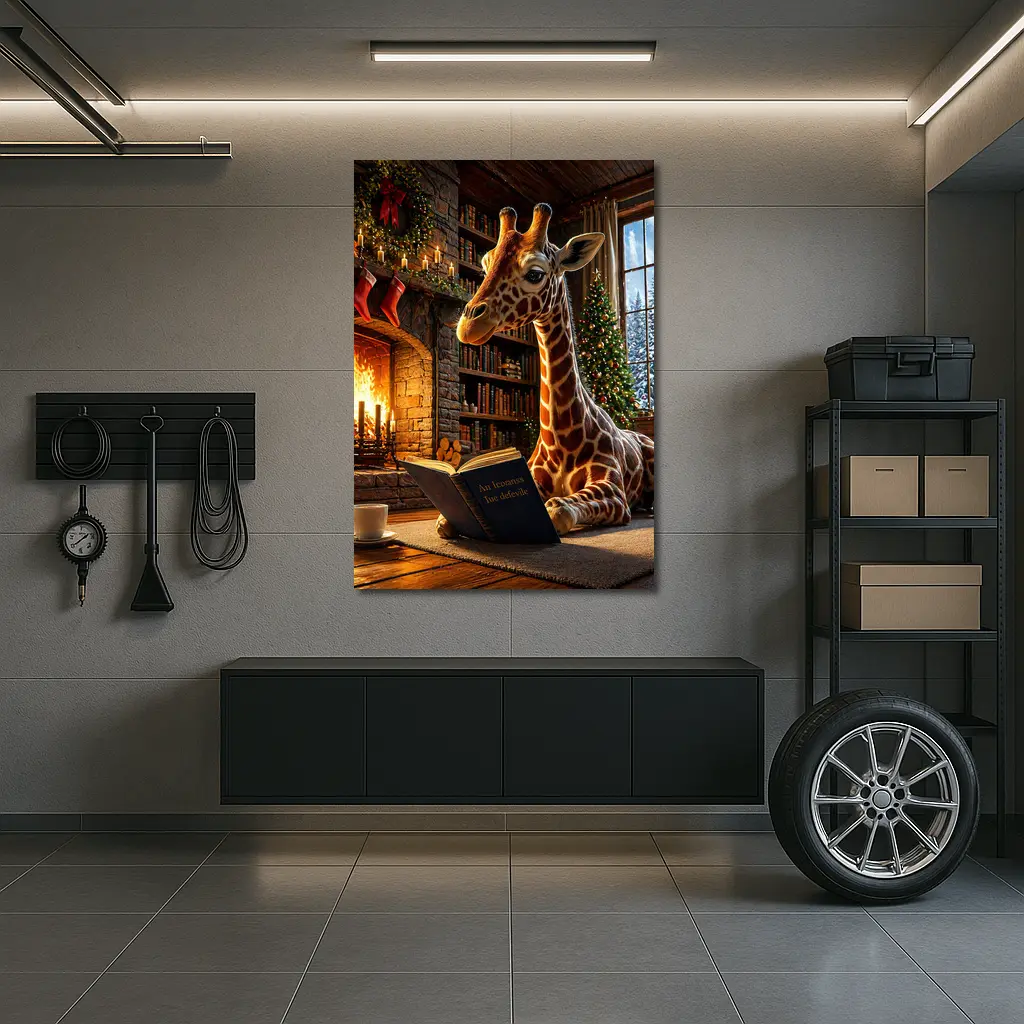Giraffe Reading Book by Christmas Fireplace – Wall Art