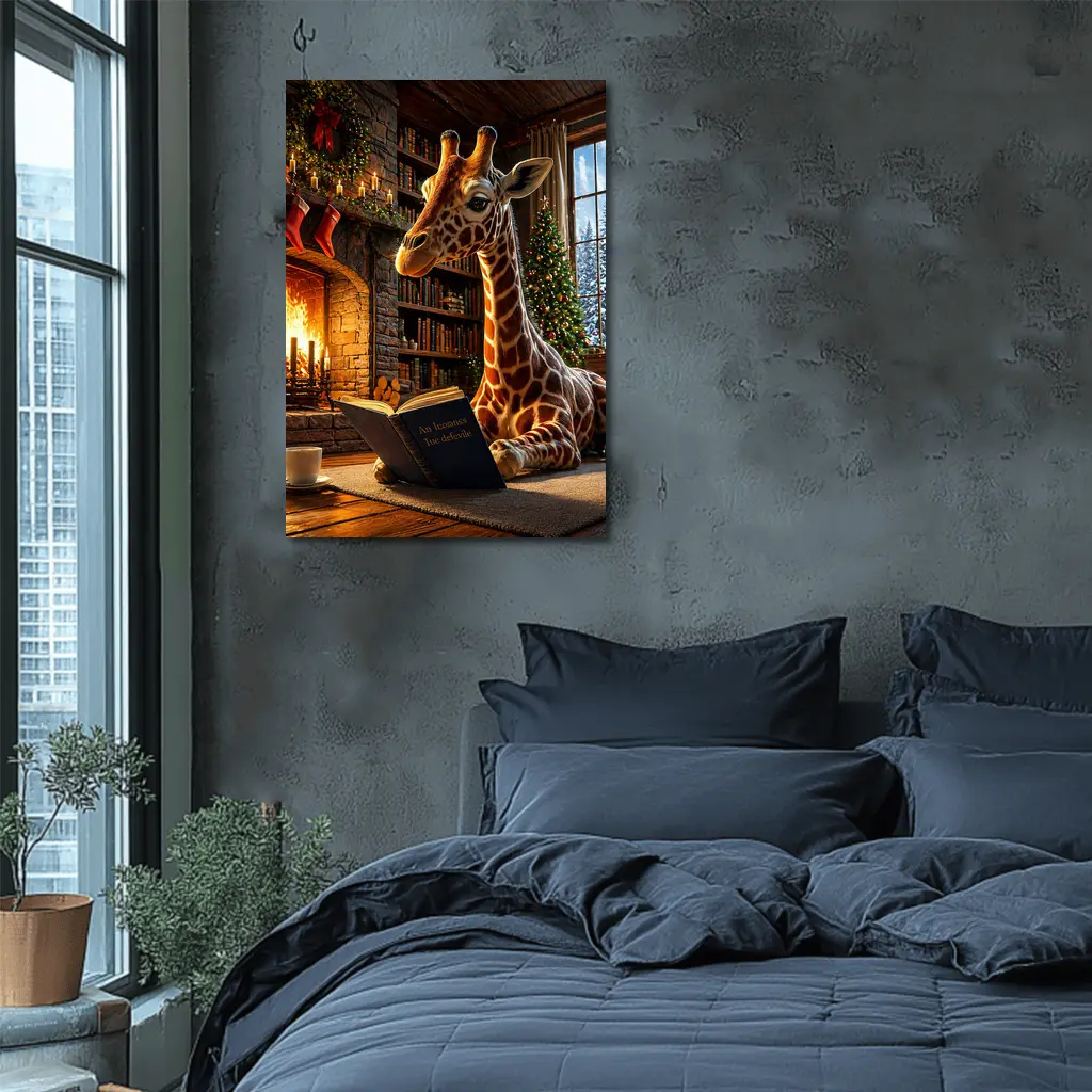 Giraffe Reading Book by Christmas Fireplace – Wall Art