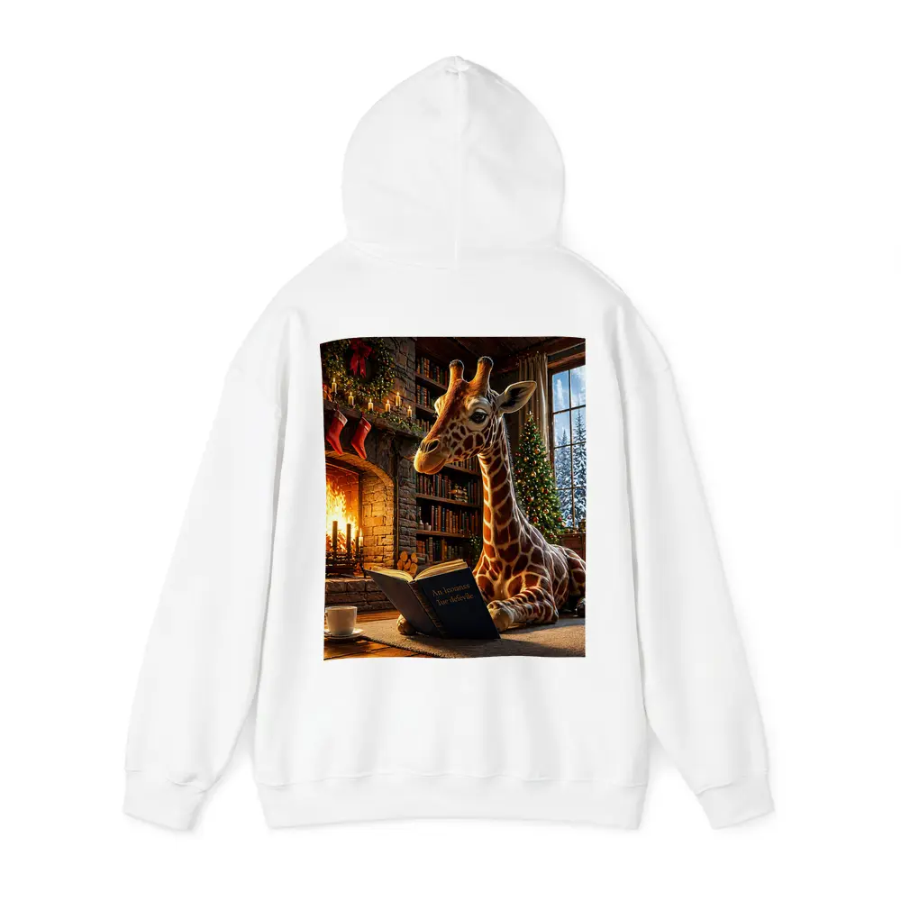 Giraffe Reading Book by Christmas Fireplace – Hoodies