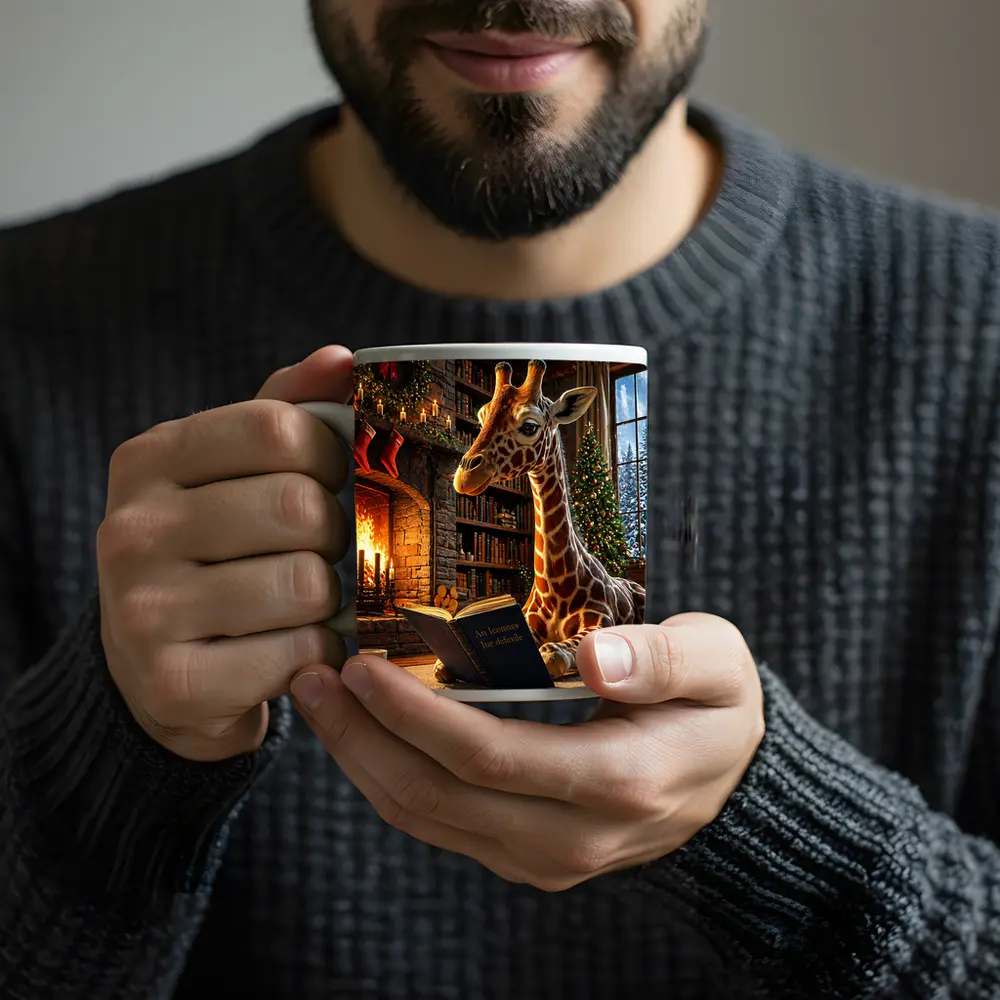 Giraffe Reading Book by Christmas Fireplace – Mugs