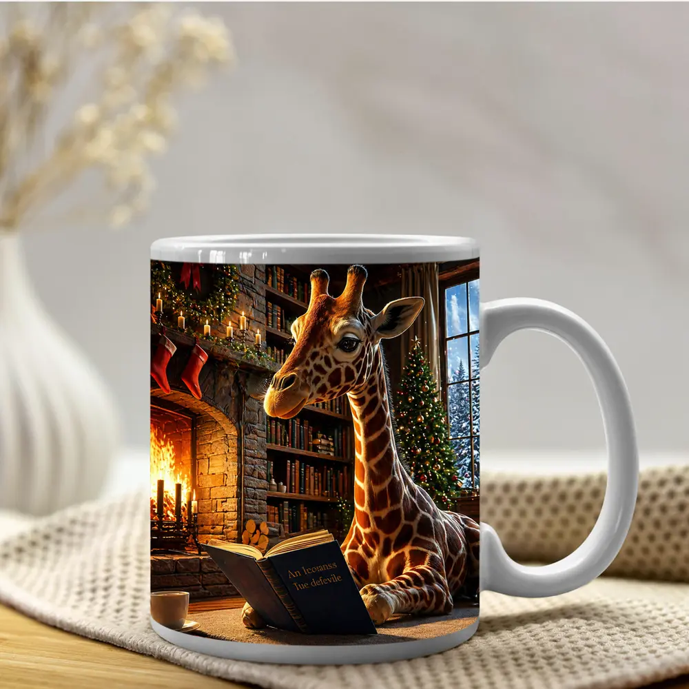 Giraffe Reading Book by Christmas Fireplace – Mugs
