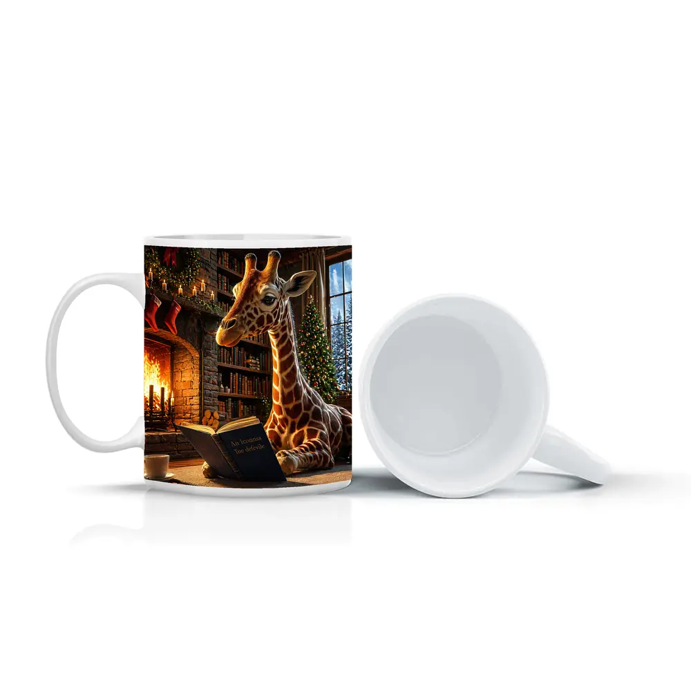Giraffe Reading Book by Christmas Fireplace – Mugs