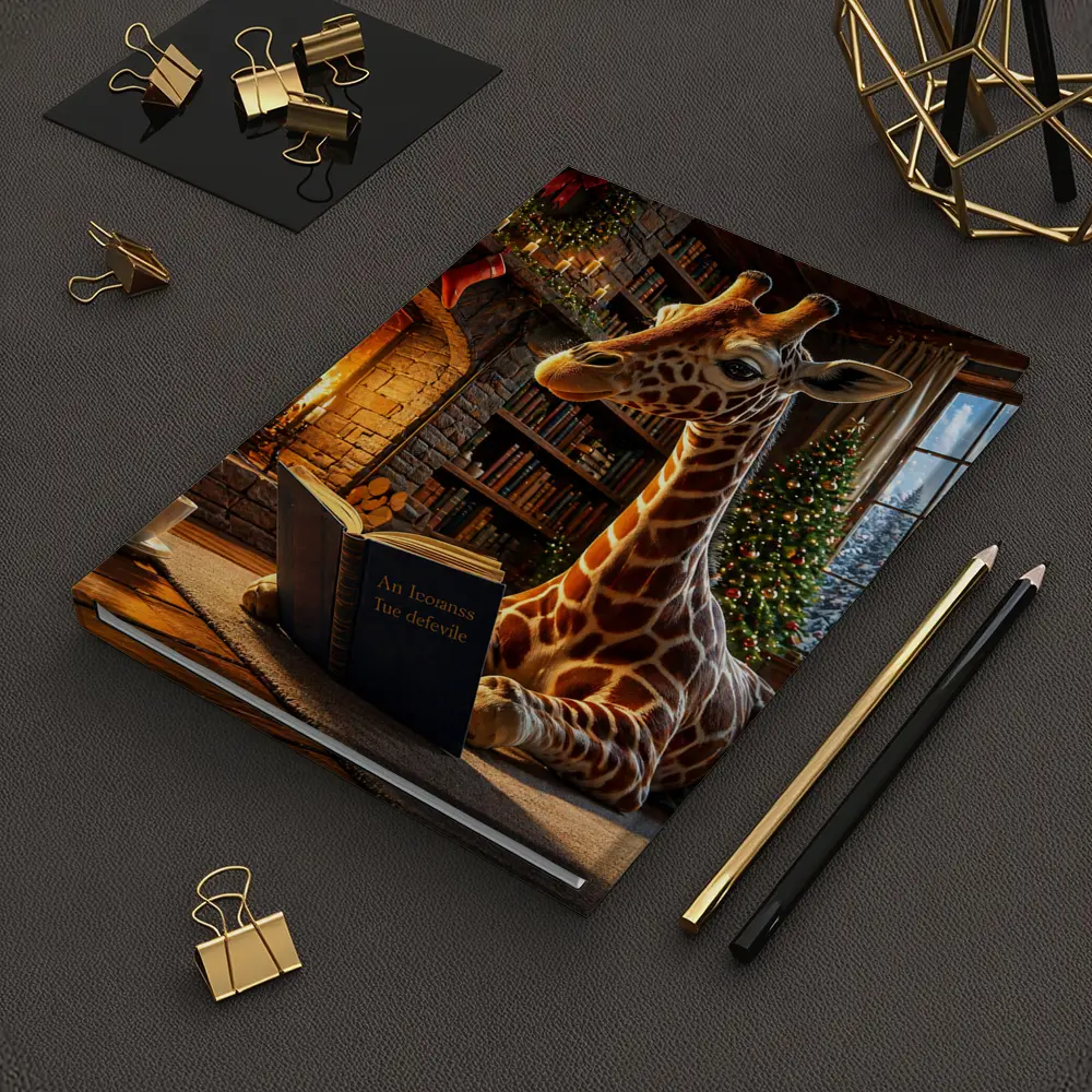 Giraffe Reading Book by Christmas Fireplace – Notebooks