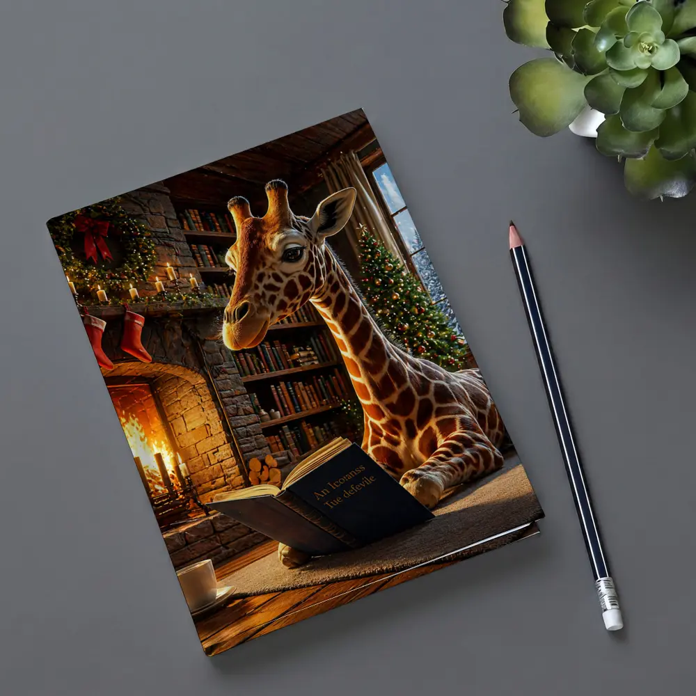 Giraffe Reading Book by Christmas Fireplace – Notebooks