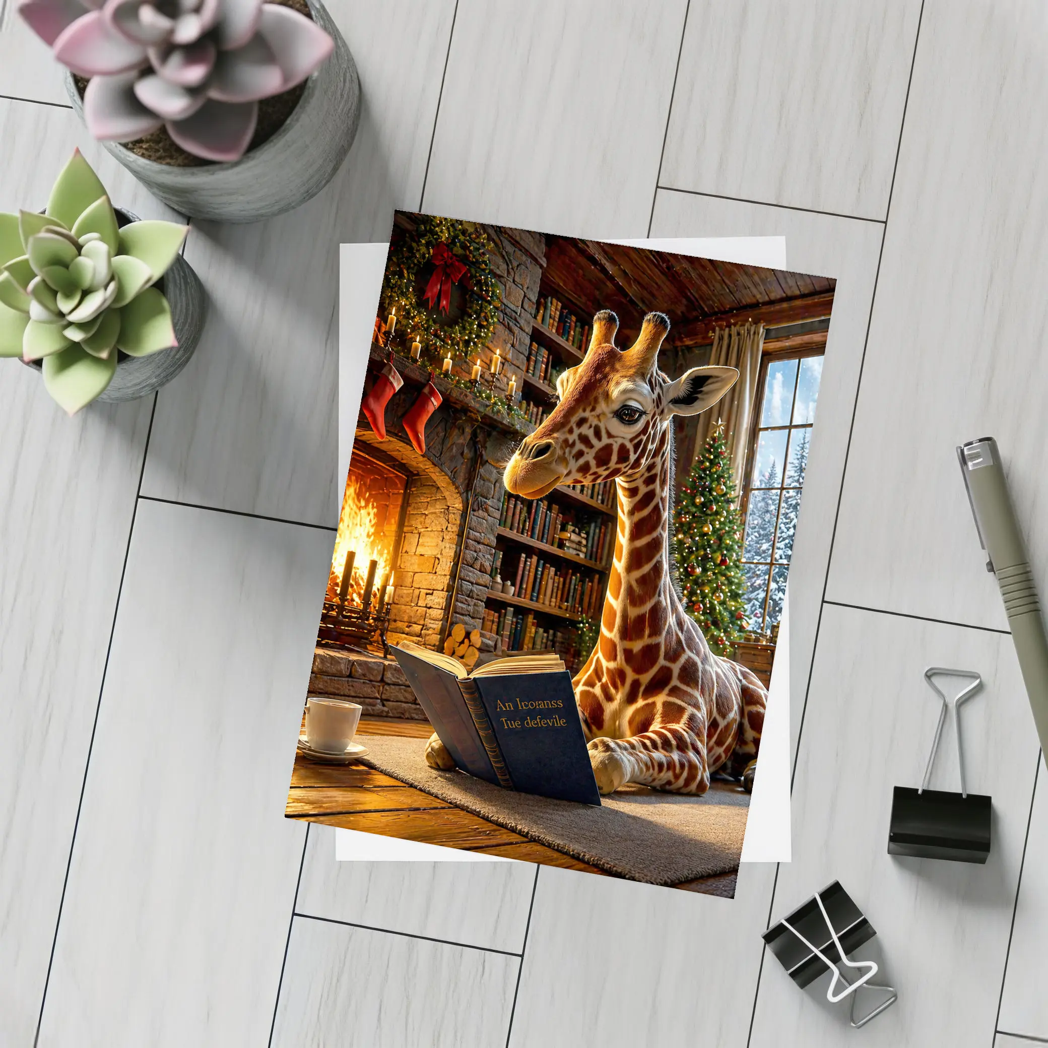 Giraffe Reading Book by Christmas Fireplace – Postcards