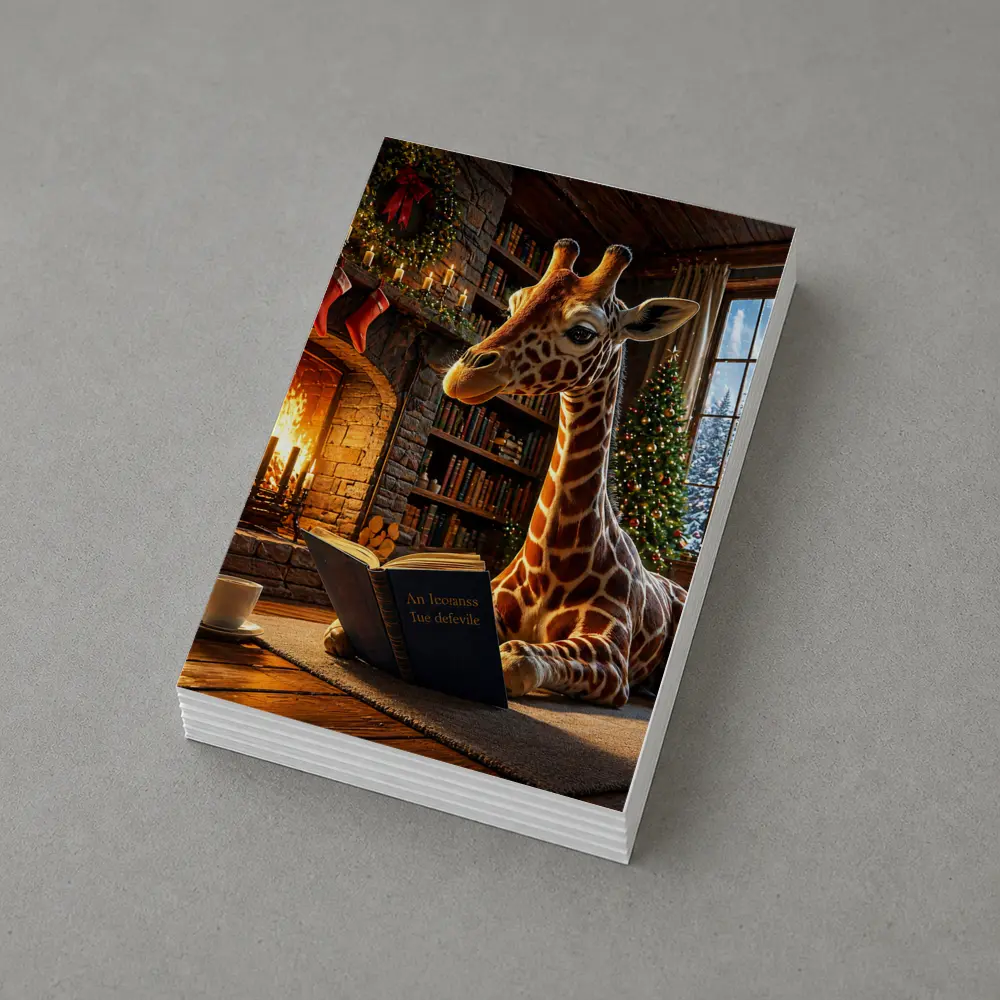 Giraffe Reading Book by Christmas Fireplace – Postcards