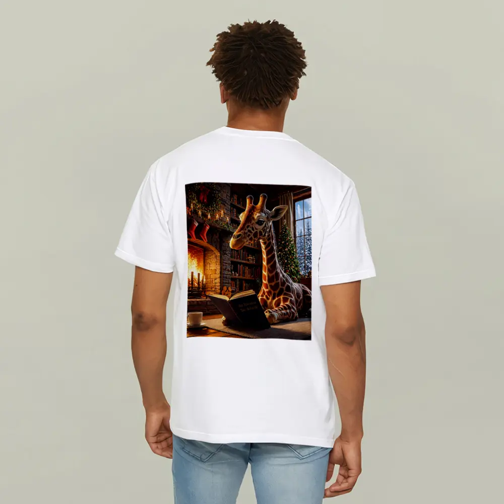 Giraffe Reading Book by Christmas Fireplace – T-Shirts