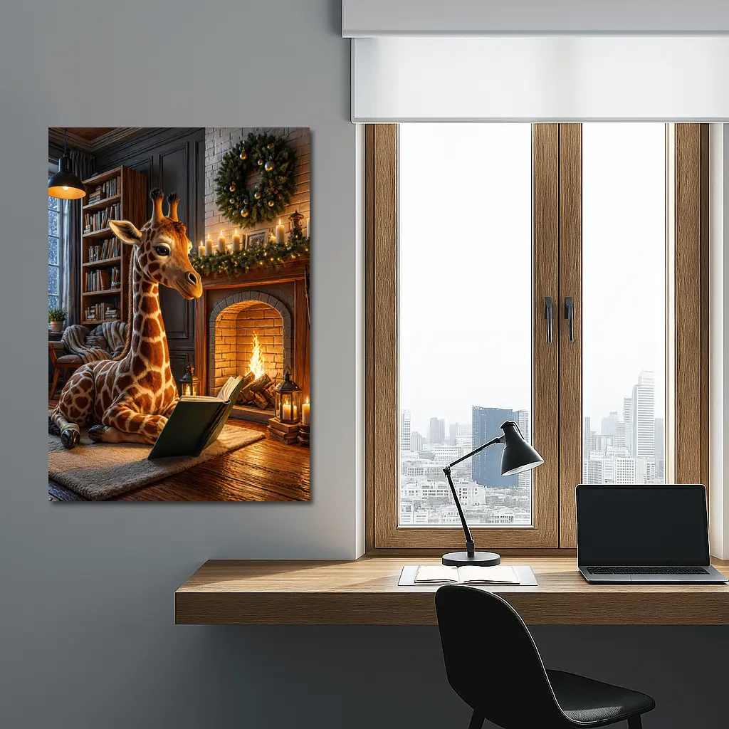 Giraffe Reading Book By Christmas Fireplace – Wall Art