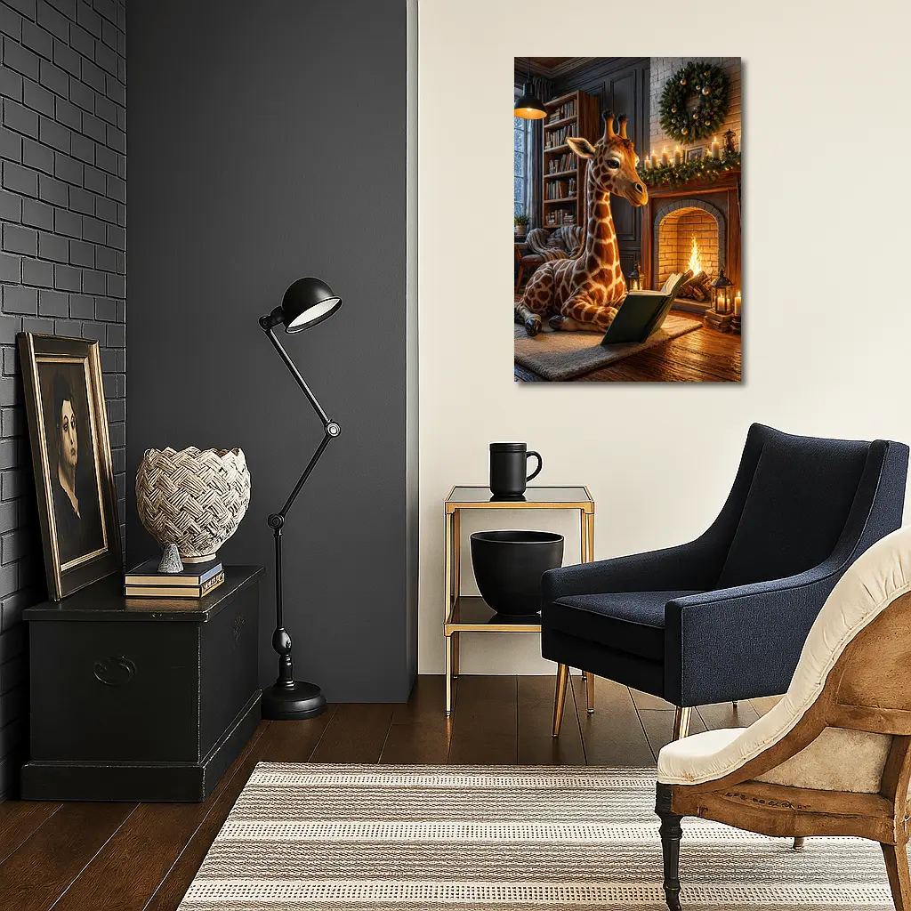 Giraffe Reading Book By Christmas Fireplace – Wall Art