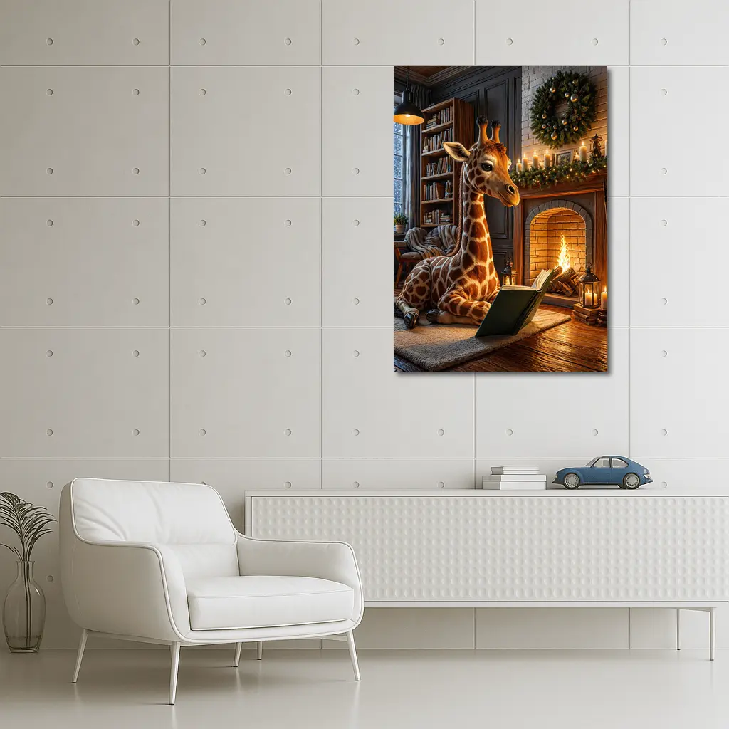 Giraffe Reading Book By Christmas Fireplace – Wall Art