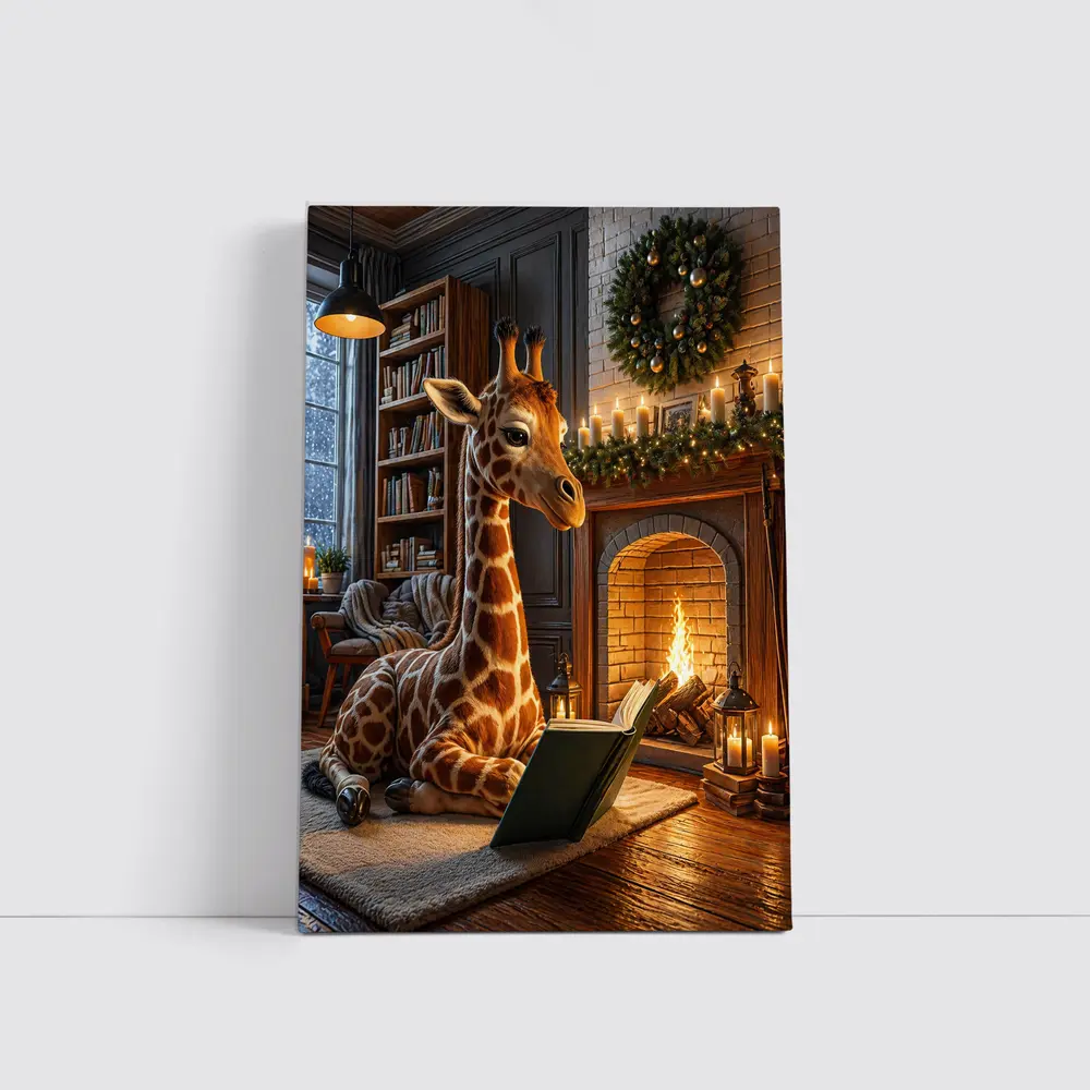 Giraffe Reading Book By Christmas Fireplace – Wall Art