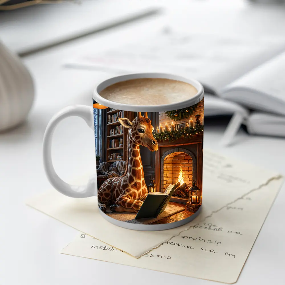 Giraffe Reading Book By Christmas Fireplace – Mugs