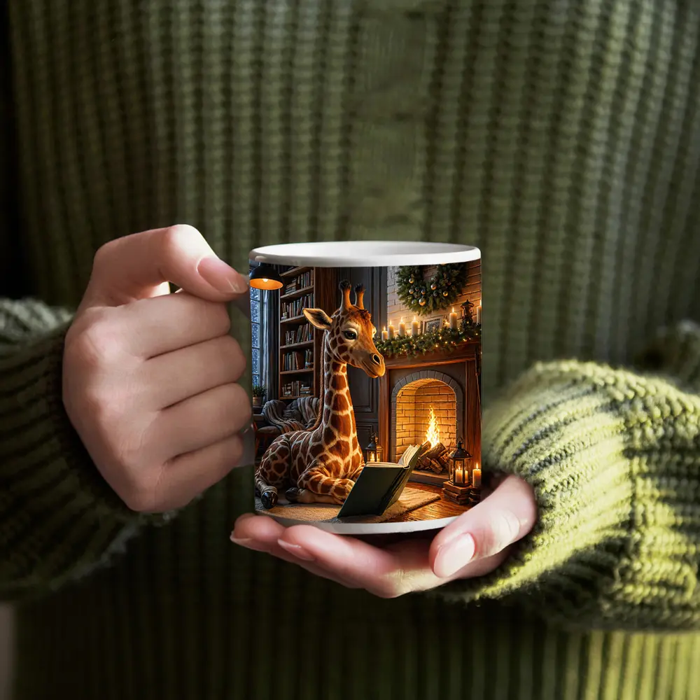 Giraffe Reading Book By Christmas Fireplace – Mugs