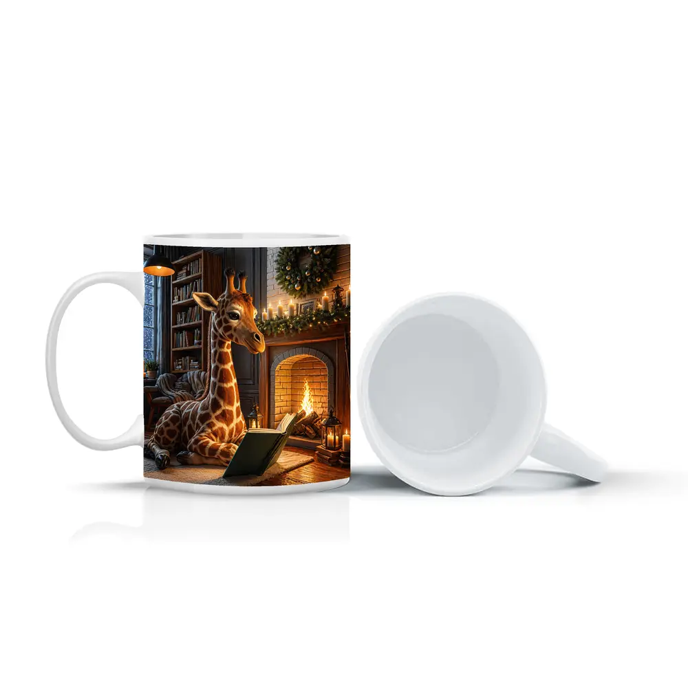 Giraffe Reading Book By Christmas Fireplace – Mugs