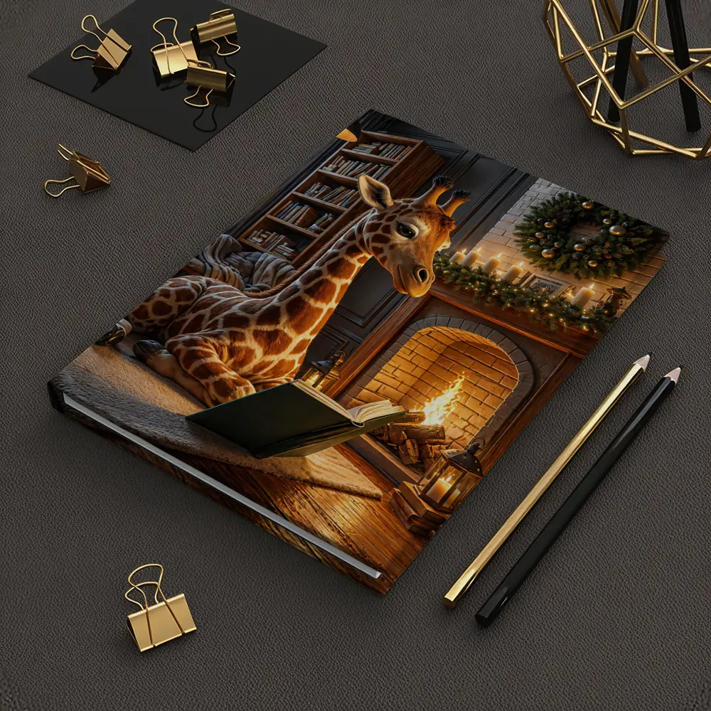 Giraffe Reading Book By Christmas Fireplace – Notebooks